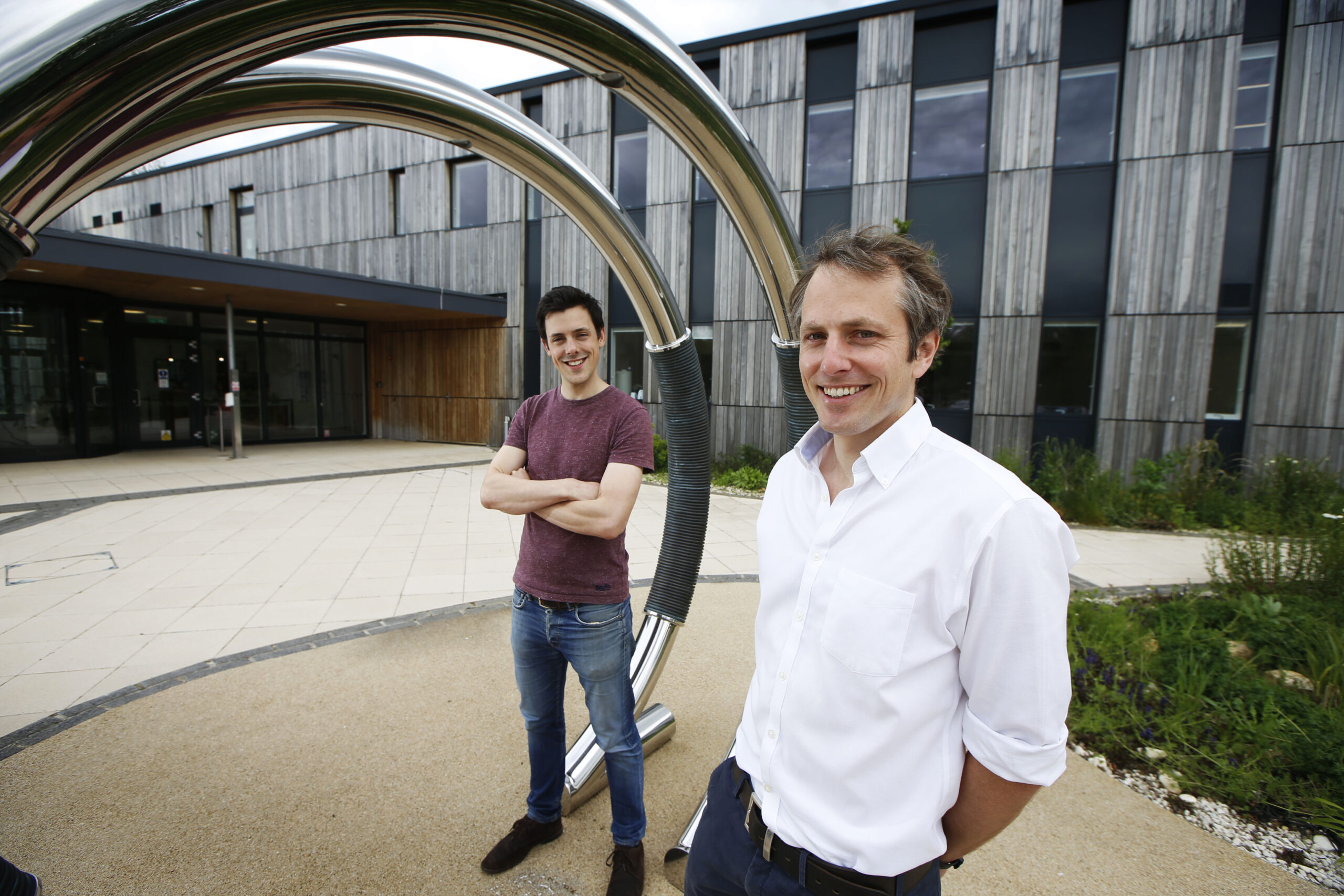 Joe Illingworth and David Llewellyn from DJS Antibodies stand outside the Wood Centre for Innovation