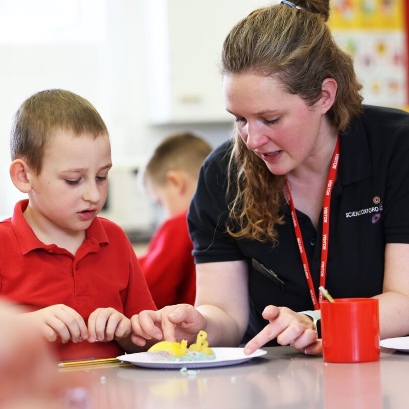 A woman and boy seated at a table are looking at an object on a paper plate and talking