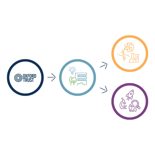 Charitable business model A flow diagram showing the Oxford Trust's logo in a circle which then flows to a circle containing an icon depicting its Innovation centres. These then flow to two more circles, one to the impact of new scientific research and the other showing STEM education for children.