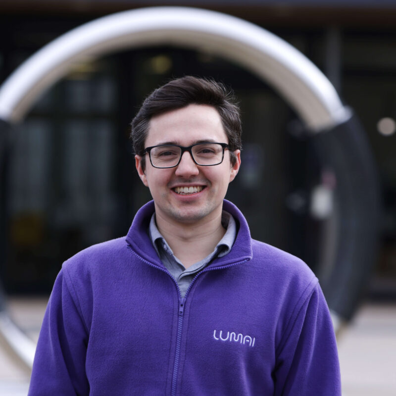 Lumai's Dr James Spall, stands outside the entrance of the Wood Centre for Innovation.